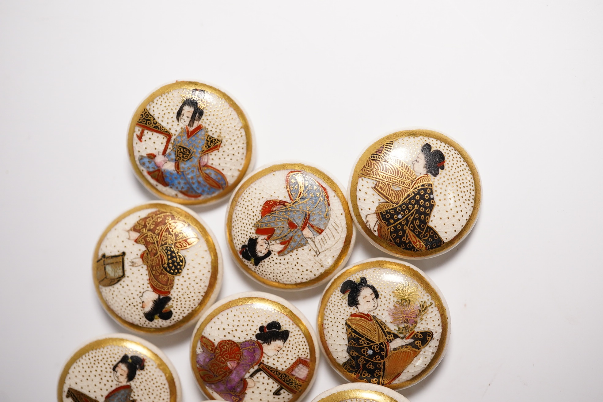 Ten Japanese Satsuma buttons decorated with bijin girls, 19mm diam. Condition - good